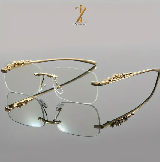 Cartier - Rimless Square Fashion Glasses with Leopard Head Accent - Blue Light Blocking, Stainless Steel Frame.