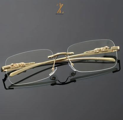 Cartier - Rimless Square Fashion Glasses with Leopard Head Accent - Blue Light Blocking, Stainless Steel Frame.