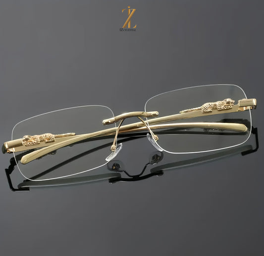 Cartier - Rimless Square Fashion Glasses with Leopard Head Accent - Blue Light Blocking, Stainless Steel Frame.
