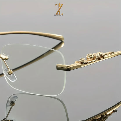 Cartier - Rimless Square Fashion Glasses with Leopard Head Accent - Blue Light Blocking, Stainless Steel Frame.