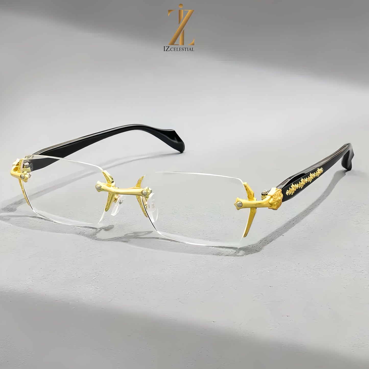 Iz Refined Elegance: Vintage-Inspired Rimless Eyewear Frame with minimalist Gold Design.