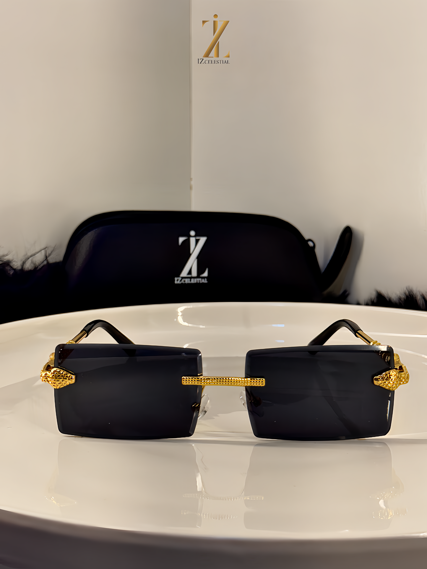 Cartier Black Gold Reptile Rimless Sunglasses - with Snake chain Detail.